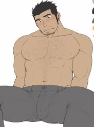 Rule 34 | 1boy, abs, arms behind back, bara, black hair, blush, body hair, bulge, chest hair, dark skin, dark-skinned male, facial hair, feet out of frame, flat color, grey pants, highres, large pectorals, looking down, male focus, muscular, muscular male, navel, navel hair, nipples, original, pants, pectorals, porkjinta, topless male, short hair, sideburns, solo, spread legs, stubble, thick thighs, thighs