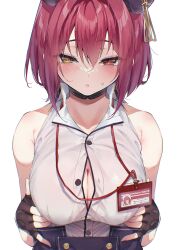 Rule 34 | 1girl, absurdres, armpit crease, blush, breasts, choker, cleavage, collared shirt, fingerless gloves, gloves, hair between eyes, heterochromia, highres, hololive, houshou marine, houshou marine (businesswoman), id card, koubou (cowbow kun), large breasts, medium hair, official alternate costume, official alternate hairstyle, partially unbuttoned, red eyes, red hair, shirt, simple background, sleeveless, sleeveless shirt, solo, sweatdrop, upper body, virtual youtuber, white background, yellow eyes