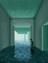 Rule 34 | absurdres, around corner, backrooms (creepypasta), ceiling, dream pool, hallway, highres, immersed, indoors, original, partially submerged, pool, reflection, reflective water, ripples, scenery, soaking feet, tile ceiling, tile floor, tile wall, tiles, water