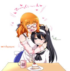 Rule 34 | 2girls, alternate hairstyle, anger vein, animal print, apron, black hair, black neckerchief, blouse, blue pants, blunt bangs, blush, bra strap, braid, brown eyes, cake, casual, cat print, closed eyes, commentary, crown braid, cup, food, fork, frown, fruit, girls und panzer, glaring, grimace, hair up, hairband, half-closed eyes, hand on another&#039;s head, headpat, heart, holding, holding fork, hug, inoue yoshihisa, long hair, long sleeves, looking at another, motion lines, mug, multiple girls, neckerchief, ooarai school uniform, open mouth, orange hair, pants, pink sweater, red-framed eyewear, reizei mako, sailor collar, school uniform, semi-rimless eyewear, serafuku, shirt, sitting, smile, standing, strawberry, sweater, takebe saori, translated, twitter username, under-rim eyewear, white apron, white hairband, white sailor collar, white shirt