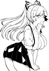 Rule 34 | 1girl, absurdres, alternate costume, anger vein, ass, blunt bangs, blush, bow, breasts, cleavage, commentary request, from side, fujiwara no mokou, hair bow, high contrast, highres, himajin noizu, large breasts, long hair, looking at viewer, monochrome, ofuda, ofuda on clothes, open clothes, open mouth, open shirt, panties, pantyshot, pleated skirt, ponytail, shirt, simple background, skirt, solo, suspenders, touhou, underwear, white shirt