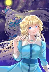 Rule 34 | 2girls, aqua bow, aqua bowtie, aqua eyes, artist name, blonde hair, blue choker, blue dress, blue eyes, blue hairband, blunt bangs, bow, bowtie, brooch, choker, closed mouth, collared dress, crown, crown earrings, cure nyammy, dress, dual persona, earrings, elbow gloves, full moon, gloves, grey hair, hair bow, hairband, half updo, hand in own hair, heart, heart brooch, highres, jewelry, long hair, long sleeves, looking at viewer, magical girl, mini crown, moon, multiple girls, necklace, nekoyashiki yuki, night, night sky, outdoors, pink bow, precure, signature, sky, smile, sparkle, standing, very long hair, waka (negronoir), white dress, white gloves, wind, wonderful precure!
