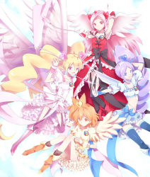Rule 34 | 00s, 4girls, alternate costume, angel wings, aono miki, ayamoto, blonde hair, blue skirt, boots, bow, brown hair, choker, cure angel, cure berry, cure berry (angel), cure passion, cure passion (angel), cure peach, cure peach (angel), cure pine, cure pine (angel), dress, fresh precure!, hair ornament, head wings, heart, heart hair ornament, higashi setsuna, knee boots, long hair, magical girl, momozono love, multiple girls, pink hair, precure, purple hair, skirt, thighhighs, twintails, waist bow, white choker, wings, yamabuki inori
