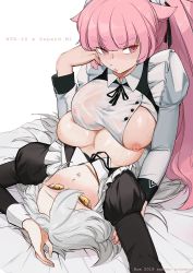Rule 34 | 2girls, alternate costume, blush, breasts, character name, commentary request, gepard m1 (contracted today) (girls&#039; frontline), gepard m1 (girls&#039; frontline), girls&#039; frontline, grey hair, hair between eyes, highres, juliet sleeves, large breasts, long hair, long sleeves, looking at viewer, looking away, lying, maid, maid headdress, multiple girls, nipples, ntw-20 (girls&#039; frontline), ntw-20 (the aristocrat experience) (girls&#039; frontline), official alternate costume, on back, parted lips, pink eyes, pink hair, puffy sleeves, rox, see-through, sweat, white background, yellow eyes, yuri