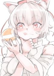 Rule 34 | 1girl, :q, animal ears, food, hand on own chin, hat, highres, holding, holding food, inubashiri momiji, red eyes, short hair, sketch, solo, tokin hat, tongue, tongue out, touhou, upper body, white hair, wolf ears, yoyoiro (sysi20)