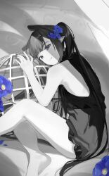Rule 34 | 1girl, ball, bare arms, bare shoulders, barefoot, blue eyes, blunt bangs, derivative work, dress, flower, greyscale, hair flower, hair ornament, highres, hololive, hololive english, ku roiko, long hair, looking at viewer, monochrome, nail polish, ninomae ina&#039;nis, pointy ears, ponytail, sidelocks, sitting, solo, spot color, tentacle hair, thighhighs, very long hair, virtual youtuber, wings