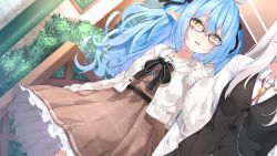 Rule 34 | 2girls, ahoge, black bow, black ribbon, black vest, blonde hair, blue hair, blush, bow, brown dress, bush, cardigan, chiyonekoko, collared shirt, commentary request, dress, dutch angle, elf, fang, frilled dress, frills, glasses, hair between eyes, hair ribbon, head out of frame, highres, hololive, locked arms, long hair, long sleeves, looking at viewer, multiple girls, official alternate costume, open cardigan, open clothes, open mouth, plaid, plaid dress, pointy ears, ribbon, shirt, shishiro botan, shishiro botan (button-down), silver hair, smile, two side up, vest, virtual youtuber, white cardigan, white shirt, yukihana lamy, yukihana lamy (casual)
