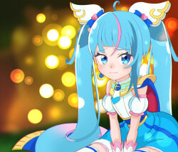 1girl absurdres blue_cape blue_dress blue_eyes blue_hair blurry blurry_background bokeh brooch cape closed_mouth commentary_request cure_sky cut_bangs depth_of_field detached_sleeves dress earclip earrings frilled_dress frills fringe_trim frown gloves gradient_hair highres hirogaru_sky!_precure jewelry long_hair looking_at_viewer magical_girl multicolored_hair night noe_graphics outdoors partial_commentary pink_hair precure puffy_detached_sleeves puffy_sleeves red_cape sad short_dress single_earring single_sidelock sitting sleeveless sleeveless_dress solo sora_harewataru streaked_hair twintails two-sided_cape two-sided_fabric two-tone_dress two-tone_hair v_arms very_long_hair white_dress white_gloves wing_brooch wing_hair_ornament