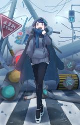 Rule 34 | 1girl, artist name, black pantyhose, blue hair, blue scarf, coat, coat on shoulders, commentary, commentary request, cutoffs, destruction, english commentary, english text, fog, full body, fur-trimmed hood, fur trim, grey coat, grey hat, grey sky, hand in pocket, hat, high heels, highres, hood, hood down, hooded coat, japanese stop sign, jewelry, lamppost, long sleeves, looking at viewer, necklace, norikoi, open mouth, original, outdoors, pantyhose, pantyhose under shorts, purple eyes, ring, road, scarf, short shorts, shorts, sidelocks, signature, sky, smile, solo, standing, traffic light, utility pole, white footwear, white shorts