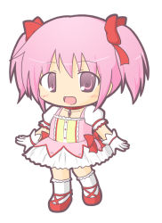 Rule 34 | 1girl, :d, blush, bow, chibi, choker, collarbone, commentary request, dress, female focus, full body, gloves, hair between eyes, hair bow, kaname madoka, kneehighs, looking at viewer, magical girl, mahou shoujo madoka magica, mahou shoujo madoka magica (anime), open mouth, pink dress, pink eyes, pink hair, puffy short sleeves, puffy sleeves, red bow, red choker, red footwear, ri-net, shoes, short sleeves, simple background, smile, socks, solo, standing, twintails, white background, white gloves, white socks