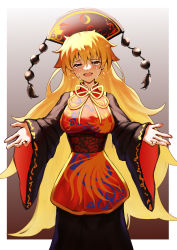Rule 34 | 1girl, :d, absurdres, ailu elf, black dress, blonde hair, blush, border, breasts, chinese clothes, crying, crying with eyes open, dress, gradient background, hat, highres, junko (touhou), long hair, long sleeves, looking at viewer, open mouth, outside border, red eyes, simple background, smile, solo, streaming tears, tabard, tears, touhou, very long hair, white border, wide sleeves