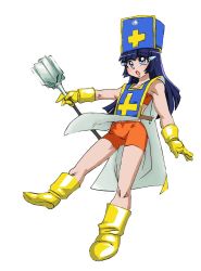 Rule 34 | 1girl, adapted costume, aoki reika, bandeau, bike shorts, blue gemstone, blue hat, blunt bangs, breasts, commentary request, cosplay, dragon quest, dragon quest iii, from side, full body, gem, graphite (medium), hat, long hair, millipen (medium), mitre, onnaski, precure, priest (dq3), simple background, small breasts, smile precure!, solo, standing, surprised, tabard, traditional media, white background
