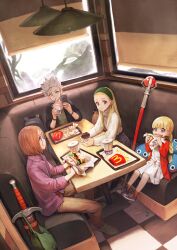 Rule 34 | 2boys, 2girls, blonde hair, burger, camus (dq11), casual, cellphone, child, coffee, contemporary, cup, dragon quest, dragon quest xi, dress, earrings, eating, fast food, food, french fries, full body, grey hair, hairband, hero (dq11), highres, jewelry, jun (navigavi), long hair, mcdonald&#039;s, multiple boys, multiple girls, open mouth, phone, senya (dq11), sitting, skirt, slime (dragon quest), sword, veronica (dq11), weapon