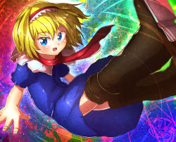 Rule 34 | 1girl, absurdres, alice margatroid, blonde hair, blue dress, blue eyes, blush, boots, brown footwear, capelet, commentary request, cookie (touhou), dress, full body, hair between eyes, hairband, highres, ichigo (cookie), looking at viewer, multicolored background, niwarhythm, open mouth, puffy short sleeves, puffy sleeves, red hairband, red neckwear, red scarf, scarf, short hair, short sleeves, solo, touhou