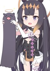 Rule 34 | 1girl, :3, = =, aged down, black hair, cp2980606, detached sleeves, fang, flat chest, fur choker, gloves, halo, highres, holding, hololive, hololive english, long hair, longcat (meme), meme, ninomae ina&#039;nis, ninomae ina&#039;nis (1st costume), open mouth, pointy ears, purple eyes, single detached sleeve, single glove, single thighhigh, smile, solo, takodachi (ninomae ina&#039;nis), thighhighs, virtual youtuber, white background, white gloves, wings