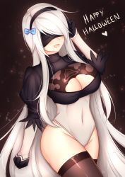 Rule 34 | 1girl, 2b (nier:automata), 2b (nier:automata) (cosplay), :d, arm at side, black blindfold, black gloves, black hairband, black shirt, black thighhighs, blindfold, blue bow, blush, bow, breasts, brown background, brown thighhighs, cleavage, cleavage cutout, clenched hand, clothing cutout, commentary, cosplay, covered eyes, covered navel, cowboy shot, cropped shirt, dress, foxykuro, gloves, groin, hair bow, hair ornament, hair over one eye, hairband, hand to head, hand up, happy halloween, heart, highleg, highleg leotard, highres, juliet sleeves, kurona reole, large breasts, legs together, leotard, long hair, long sleeves, nier:automata, nier (series), open mouth, original, puffy sleeves, shirt, skin tight, skirt, smile, solo, standing, thighhighs, thighs, turtleneck, unworn skirt, vambraces, very long hair, white hair, white leotard