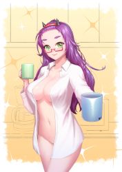 Rule 34 | 1girl, absurdres, bad id, bad twitter id, blush, breasts, closed mouth, coffee maker, collarbone, commentary request, cowboy shot, cup, dress shirt, glasses, groin, hairband, head tilt, highres, holding, horns, large breasts, long hair, long sleeves, looking at viewer, microwave, mug, naked shirt, navel, open clothes, open shirt, original, partially colored, purple hair, red-framed eyewear, semi-rimless eyewear, shirt, smile, solo, sparkle, standing, thick eyebrows, under-rim eyewear, w ruwaki, white shirt, yellow background