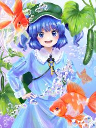 Rule 34 | 1girl, :d, air bubble, blue eyes, blue hair, breasts, bubble, cabbie hat, cowboy shot, cucumber, fish, goldfish, hand on own hip, hat, hell likeheaven, highres, kawashiro nitori, key, leaf, long sleeves, looking at viewer, open mouth, small breasts, smile, touhou, two side up, underwater, v-shaped eyebrows, water drop
