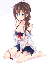 Rule 34 | 10s, 1girl, adapted costume, ahoge, barefoot, blue eyes, braid, breasts, brown hair, cleavage, cowboy shot, full body, hair down, hair flaps, hair ornament, hair ribbon, kantai collection, long hair, off shoulder, ribbon, school uniform, shigure (kancolle), shigure kai ni (kancolle), shika (hachilemon), simple background, single braid, sitting, skirt, solo, torn clothes, torn skirt, undressing, wariza, white background