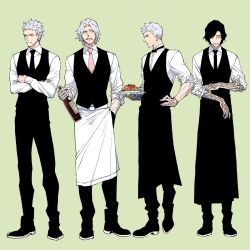 Rule 34 | 4boys, apron, arm tattoo, black apron, black footwear, black hair, black neckwear, black pants, black vest, bottle, bow, bowtie, collared shirt, crossed arms, dante (devil may cry), devil may cry (series), devil may cry 5, dress shirt, dual persona, closed eyes, facial hair, food, frown, full body, green background, grey eyes, hand on own hip, highres, holding, holding bottle, holding plate, long sleeves, looking away, male focus, multiple boys, necktie, nero (devil may cry), ogata tomio, pants, pasta, pink neckwear, plate, profile, prosthesis, prosthetic arm, rolling sleeves up, shirt, shoes, short hair, simple background, sleeves rolled up, standing, stubble, tattoo, traditional bowtie, v (devil may cry), vergil (devil may cry), vest, waiter, white apron, white hair, white shirt, wine bottle