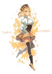 Rule 34 | 10s, 1girl, beret, blonde hair, breasts, corset, detached sleeves, drill hair, full body, gun, hair ornament, hat, magical girl, mahou shoujo madoka magica, mahou shoujo madoka magica (anime), silence girl, skirt, smile, solo, striped clothes, striped thighhighs, thighhighs, tomoe mami, vertical-striped clothes, vertical-striped thighhighs, weapon, yellow eyes