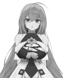 Rule 34 | 1girl, ahoge, black survival, blush, breasts, bursting breasts, cleavage, collarbone, covered collarbone, eternal return: black survival, eva (black survival), greyscale, highres, id card, large breasts, long hair, looking at viewer, monochrome, official alternate costume, shirt, solo, torn clothes, torn shirt, twintails, underbust, very long hair, vgb0568