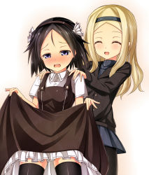 Rule 34 | 10s, 2girls, :d, ^ ^, aleksandra i. pokryshkin, black hair, black thighhighs, blonde hair, blush, brave witches, closed eyes, clothes lift, dress, dress lift, female focus, gradient background, hands on shoulders, kanno naoe, kuragari, long hair, multiple girls, open mouth, pantyhose, purple eyes, short hair, simple background, smile, strike witches, thighhighs, white background, world witches series