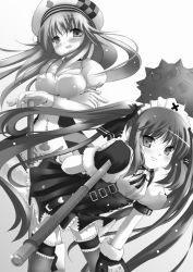 Rule 34 | 2girls, arin, breasts, dress, covered erect nipples, gloves, golf club, greyscale, hat, kooh, large breasts, long hair, monochrome, multiple girls, nio, nio (einhorn), pangya, small breasts, thighhighs, twintails
