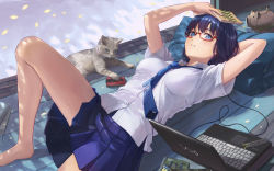 Rule 34 | 1girl, arm up, bare legs, barefoot, black hair, blue eyes, blue hair, blush, book, cat, commentary request, computer, glasses, holding, holding book, incense burner, instrument, laptop, long hair, looking at viewer, lying, necktie, on back, original, parted lips, pleated skirt, red-framed eyewear, school uniform, short sleeves, skirt, tantaka