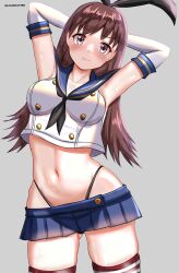Rule 34 | 1girl, arms behind head, black hairband, black neckerchief, black panties, blue sailor collar, blue skirt, brown eyes, brown hair, cosplay, cowboy shot, crop top, elbow gloves, gloves, grey background, hairband, highleg, highleg panties, highres, kantai collection, long hair, looking at viewer, microskirt, miniskirt, mizuki (uzuki no sato), neckerchief, ooi (kancolle), panties, pleated skirt, sailor collar, shimakaze (kancolle), shimakaze (kancolle) (cosplay), shirt, simple background, skirt, sleeveless, sleeveless shirt, solo, striped clothes, striped thighhighs, thighhighs, twitter username, underwear, white gloves