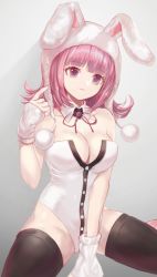 Rule 34 | 1girl, animal ears, animal hood, between legs, black thighhighs, breasts, cleavage, commentary request, danganronpa (series), danganronpa 2: goodbye despair, gloves, grey background, highres, hood, large breasts, leotard, looking at viewer, nanami chiaki, orchid (pixiv3730518), pink hair, rabbit ears, rabbit hood, simple background, sitting, solo, striped, thighhighs, wariza, white gloves