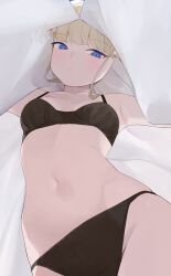 Rule 34 | 1girl, alternate costume, black bra, black panties, blonde hair, blue archive, blue eyes, bra, breasts, closed mouth, commentary request, highres, hiroki (yyqw7151), looking at viewer, navel, panties, partial commentary, small breasts, solo, stomach, toki (blue archive), underwear