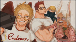 Rule 34 | 1girl, 3boys, alternate costume, animal ears, beard, best jeanist, biceps, black-framed eyewear, blue eyes, boku no hero academia, breasts, character name, dark-skinned female, dark skin, duplicate, endeavor (boku no hero academia), facial hair, flexing, food, group picture, highres, ice cream, jo tuesday19, large pectorals, looking at viewer, male focus, mature male, mirko, multiple boys, muscular, muscular male, pectorals, pixel-perfect duplicate, rabbit ears, red hair, salute, scar, scar across eye, scar on face, selfie, shirt, short hair, sideburns, spiked hair, stubble, sunglasses, tight clothes, tight shirt, v, white shirt, yellow-framed eyewear