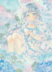 1girl absurdres amu_(m_aa) blue_eyes blue_flower blue_footwear boots breasts choker cleavage commentary dress earrings flower grey_hair highres holding holding_umbrella hydrangea jewelry lace lace_choker long_hair original outdoors painting_(medium) rain short_dress sitting sky small_breasts solo traditional_media umbrella very_long_hair water_drop watercolor_(medium) white_choker white_dress