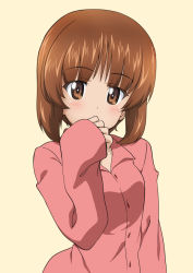 Rule 34 | 10s, 1girl, blush, brown eyes, brown hair, commentary, covering own mouth, girls und panzer, kanau, long sleeves, looking at viewer, nishizumi miho, pajamas, pink shirt, shirt, short hair, simple background, solo, standing, upper body, yellow background