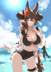 Rule 34 | 1girl, absurdres, bare shoulders, bikini, black bikini, black horns, blue sky, breasts, cleavage, closed eyes, closed mouth, cloud, collarbone, commentary request, curled horns, day, extra ears, finger to mouth, flower, galleon (granblue fantasy), granblue fantasy, hair flower, hair ornament, hatake oekaki, highres, horns, large breasts, long hair, ocean, outdoors, pointy ears, sky, solo, sun, swimsuit, very long hair