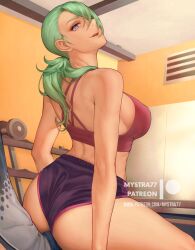 Rule 34 | 1boy, 1girl, ass, breasts, dumbbell, from behind, girl on top, green hair, grey eyes, indoors, large breasts, looking at viewer, mystra77, open mouth, original, playing sports, ponytail, sports bra, watermark, web address