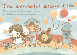 Rule 34 | 1girl, 3boys, animal, artist name, blue dress, blue headwear, bow, braid, brown hair, cloud, copyright name, cowardly lion, dog, dorothy gale, dress, english text, lion, multiple boys, overalls, rainbow, red bow, scarecrow (twooz), short hair, star (symbol), stitched mouth, stitches, suzuki itokichi, the wizard of oz, tin man, toto (twooz)