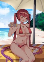 Rule 34 | 1girl, absurdres, beach, beach umbrella, bikini, bottle, breasts, closed eyes, gradient hair, highres, hololive, hololive fantasy, houshou marine, houshou marine (summer), large breasts, long hair, lotion, lotion bottle, maroonabyss, multicolored hair, open mouth, purple hair, red hair, solo, sunscreen, swimsuit, towel, twintails, umbrella, very long hair, virtual youtuber