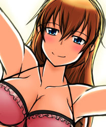 Rule 34 | 1girl, absurdres, armpit peek, blue eyes, blush, bra, breasts, brown hair, charlotte e. yeager, cleavage, closed mouth, collarbone, highres, large breasts, long hair, looking at viewer, looking down, oryou gunsou, pink bra, simple background, smile, solo, strike witches, underwear, white background, world witches series