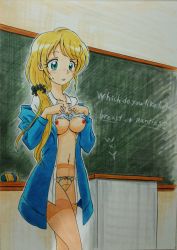 Rule 34 | 1girl, absurdres, ashigaki radar, blonde hair, blue bra, blue jacket, blush, board eraser, bow, bow panties, bra, bra lift, breasts, chalkboard, chalkboard writing, classroom, cleavage, collarbone, collared shirt, cowboy shot, ellen baker, embarrassed, english text, green eyes, hair over shoulder, highres, jacket, lifting own clothes, long hair, long sleeves, medium breasts, navel, new horizon, nipples, open clothes, open jacket, open shirt, panties, panties under pantyhose, pantyhose, parted lips, podium, ponytail, public indecency, scrunchie, self exposure, shirt, side ponytail, small areolae, small nipples, solo, standing, sweatdrop, teacher, teeth, thighband pantyhose, underwear, wall, white bra, white panties, white shirt