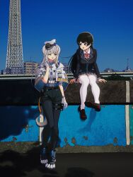 Rule 34 | 2girls, :d, arm rest, arms at sides, black footwear, black hair, black jacket, black pantyhose, black shorts, black skirt, blazer, blonde hair, blue eyes, blue sky, blush, boots, bow, bowtie, brown footwear, building, city, clear sky, collared shirt, day, foot up, gloves, gradient hair, grey hair, hair ornament, hairpin, hat, highres, holster, jacket, loafers, long bangs, long hair, long sleeves, looking at another, miniskirt, multicolored hair, multiple girls, nijisanji, nkymyura, open clothes, open jacket, open mouth, outdoors, pantyhose, pantyhose under shorts, paw shoes, peaked cap, pink bow, pink bowtie, pleated skirt, school uniform, shadow, shioriha ruri, shirt, shoes, shorts, side-by-side, sidelocks, sitting on wall, skirt, sky, skyscraper, smile, thigh holster, thighhighs, tsukino mito, virtual youtuber, white gloves, white hat, white jacket, white shirt, white thighhighs, zettai ryouiki