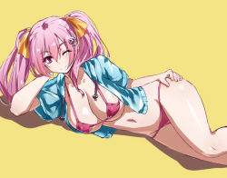 Rule 34 | 1girl, bikini, blush, breasts, cleavage, female focus, hair ribbon, jacket, jacket over swimsuit, large breasts, long hair, looking at viewer, lying, micro bikini, on side, one eye closed, original, pink eyes, pink hair, ramuya (lamb), red eyes, ribbon, simple background, smile, solo, swimsuit, twintails, yellow background