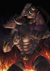 Rule 34 | 2boys, black wings, bracer, brown hair, closed mouth, commentary request, cowboy shot, dated, demon boy, demon wings, fire, furry, furry male, green eyes, holding, holding knife, holding sword, holding weapon, horns, knife, looking at viewer, looking to the side, male focus, minotaur, multiple boys, open mouth, pixiv fantasia, pixiv fantasia 1, short hair, sitting on arm, smile, sword, topless male, watermark, weapon, web address, wings, yukiman