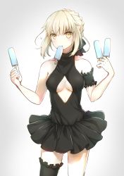 Rule 34 | 1girl, absurdres, armband, artoria pendragon (all), artoria pendragon (alter swimsuit rider) (first ascension) (fate), artoria pendragon (fate), bare shoulders, between fingers, black thighhighs, blonde hair, braid, breasts, cowboy shot, fate/grand order, fate (series), food, food in mouth, frilled armband, frilled thighhighs, frills, highres, holding, holding food, legs apart, medium breasts, misoradeko, official alternate costume, one-piece swimsuit, orange eyes, popsicle, saber alter, single thighhigh, solo, swimsuit, thighhighs