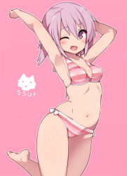Rule 34 | 1girl, ;d, alice gear aegis, armpits, arms behind head, bikini, breasts, commentary request, covered erect nipples, highres, hirasaka yotsuyu, leg up, looking at viewer, navel, one eye closed, open mouth, pink background, pink hair, purple eyes, simple background, small breasts, smile, solo, standing, standing on one leg, string bikini, striped bikini, striped clothes, stroma, swimsuit