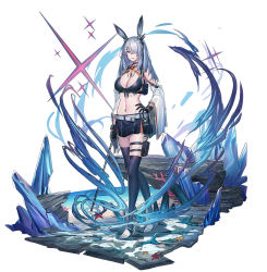 Rule 34 | 1girl, animal ears, arknights, bare shoulders, belt, belt pouch, bikini, black bikini, black choker, black gloves, black skirt, black thighhighs, blue eyes, breasts, choker, cleavage, detached sleeves, echj, front-tie bikini top, front-tie top, frostnova (arknights), full body, gloves, hair ornament, hair over one eye, hand on own hip, highres, holding, holding sword, holding weapon, ice, long hair, long sleeves, looking at viewer, material growth, medium breasts, midriff, miniskirt, nail polish, navel, official style, open mouth, originium arts (arknights), oripathy lesion (arknights), pouch, rabbit ears, scar, silver hair, simple background, skirt, smile, solo, standing, stomach, strap, swimsuit, sword, thigh strap, thighhighs, toeless legwear, toenail polish, toenails, weapon, white background, zettai ryouiki