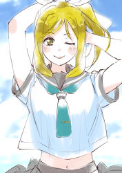 Rule 34 | 1girl, :p, ;), artist name, artist request, blonde hair, blue sky, blush, bow, braid, breasts, brown eyes, buttons, cloud, collarbone, crown braid, day, female focus, fixing hair, green eyes, green neckerchief, grey sailor collar, grey skirt, hair rings, highres, long sleeves, looking at viewer, love live!, love live! sunshine!!, medium breasts, miniskirt, neckerchief, ohara mari, one eye closed, outdoors, parted lips, plaid, plaid skirt, pleated, pleated skirt, sailor collar, school uniform, shirt, short hair, skirt, sky, smile, solo, tie clip, tongue, tongue out, uranohoshi school uniform, white bow, white shirt, yellow buttons, yellow eyes