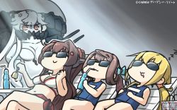 Rule 34 | 4girls, :3, abyssal ship, anger vein, asagumo (kancolle), blonde hair, blue one-piece swimsuit, breasts, brown hair, commentary, dated, drinking, drinking straw, drooling, flower, hair between eyes, hair flower, hair ornament, hamu koutarou, highres, kantai collection, kunihiko moriguchi, large breasts, long hair, low twintails, midway princess, mitsukoshi (department store), multiple girls, one-piece swimsuit, orange eyes, pink flower, ponytail, ramune, satsuki (kancolle), school swimsuit, sleeping, smile, sunglasses, swimsuit, twintails, white hair, yamato (kancolle), zzz