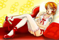 Rule 34 | 1girl, dessert, food, garter belt, hair ribbon, high heels, jewelry, licking, licking finger, lingerie, nami (one piece), one piece, ribbon, ring, shoe dangle, shoes, solo, tattoo, thighhighs, underwear